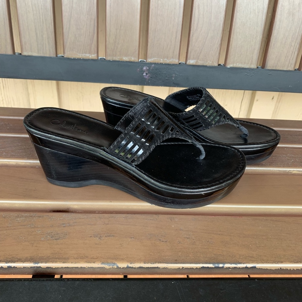 Cole Haan Air Grier Woven Black Leather Wedge Sandals-Women’s Size 7.5